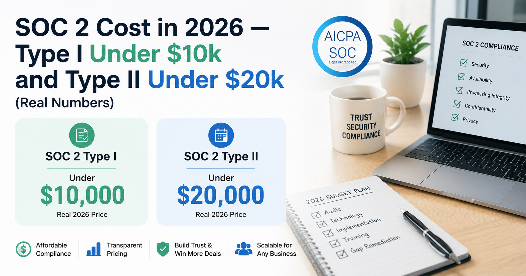 SOC 2 Cost in 2026 — Type I Under $10k and Type II Under $20k (Real Numbers)